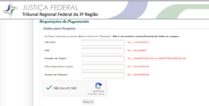 Página requisições de pagamento de precatórios site Tribunal Regional Federal da 3ª Região (TRF3)