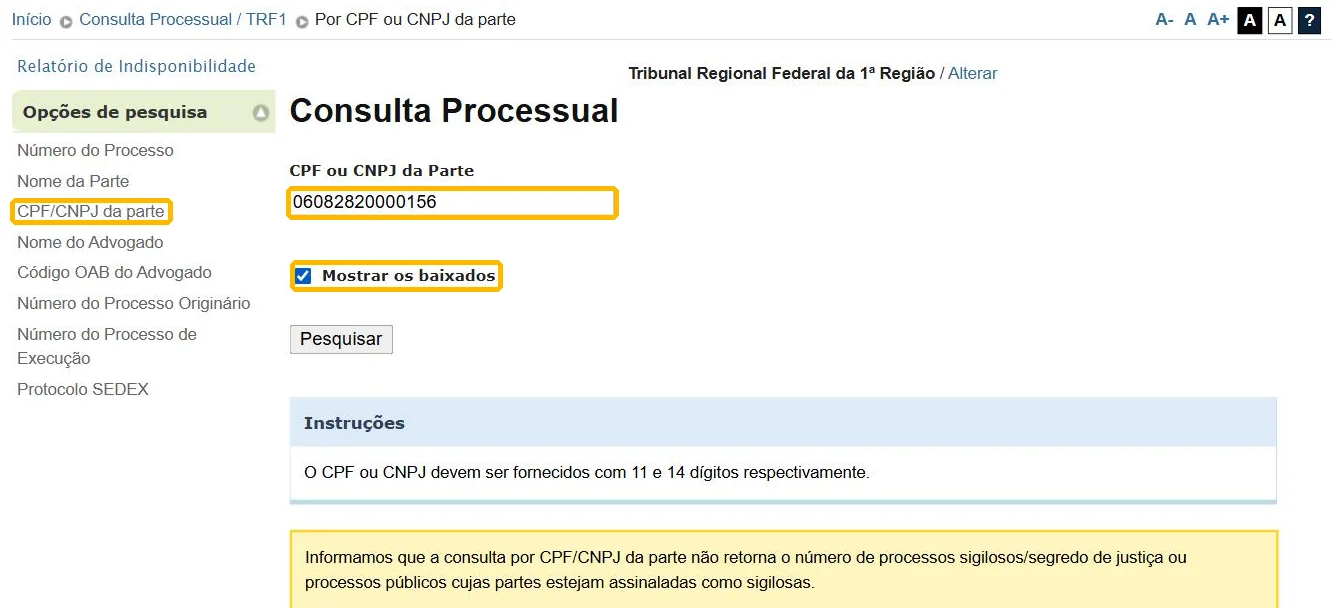 Busca por CPF no TRF1 com baixados marcados