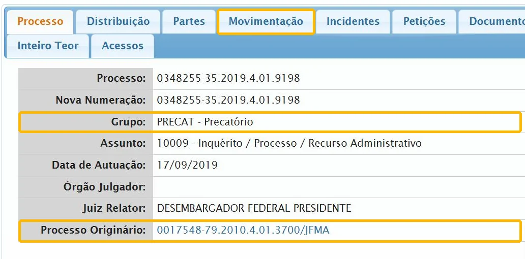 Ficha do precatório no TRF1 e suas abas