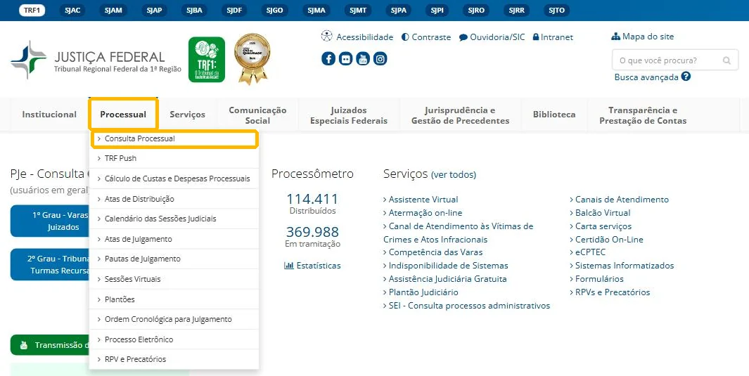 Menu Processual aberto no portal do TRF1