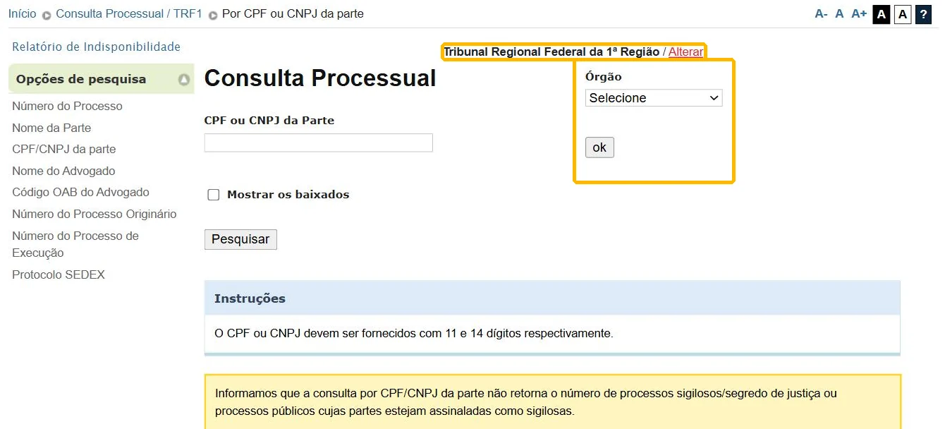 Seletor de órgão da consulta processual do TRF1