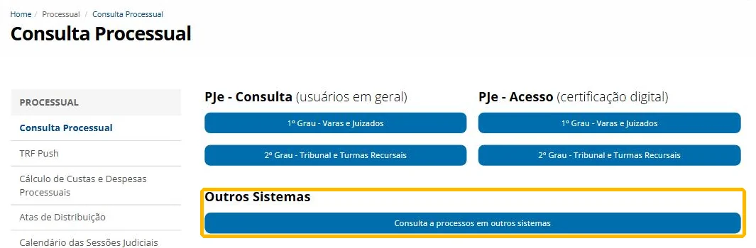 Botão Outros Sistemas na Consulta Processual do TRF1