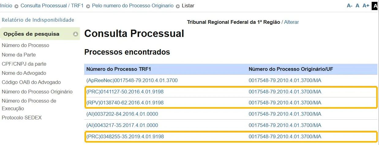Busca por processo originário no TRF1
