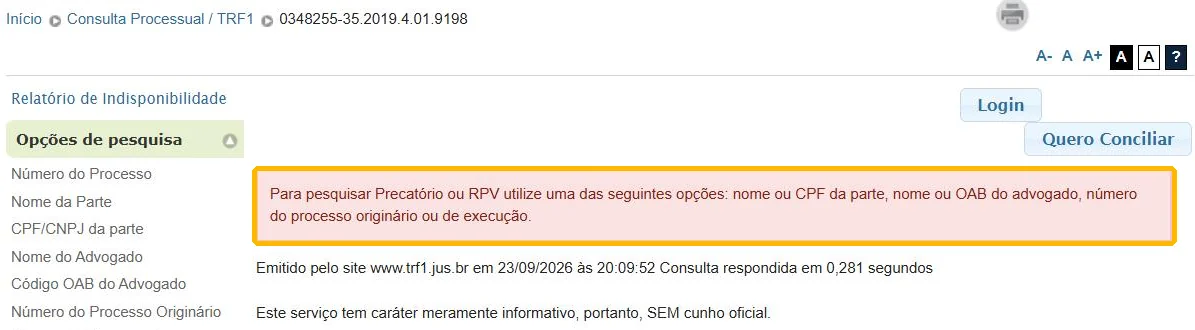 TRF1 recusa busca pelo número do precatório
