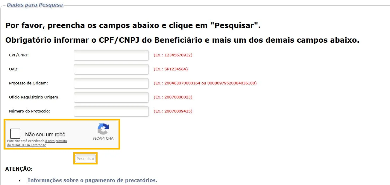 Campos obrigatórios e reCAPTCHA da consulta do TRF3