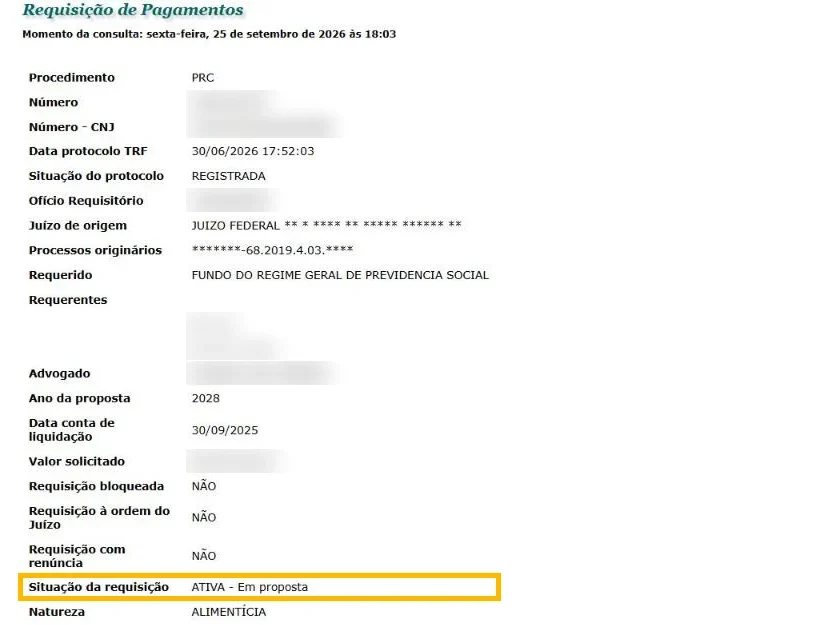 Ficha do TRF3 na situação Ativa em proposta