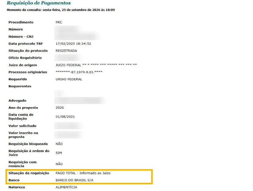 Ficha de precatório pago no TRF3 com o banco