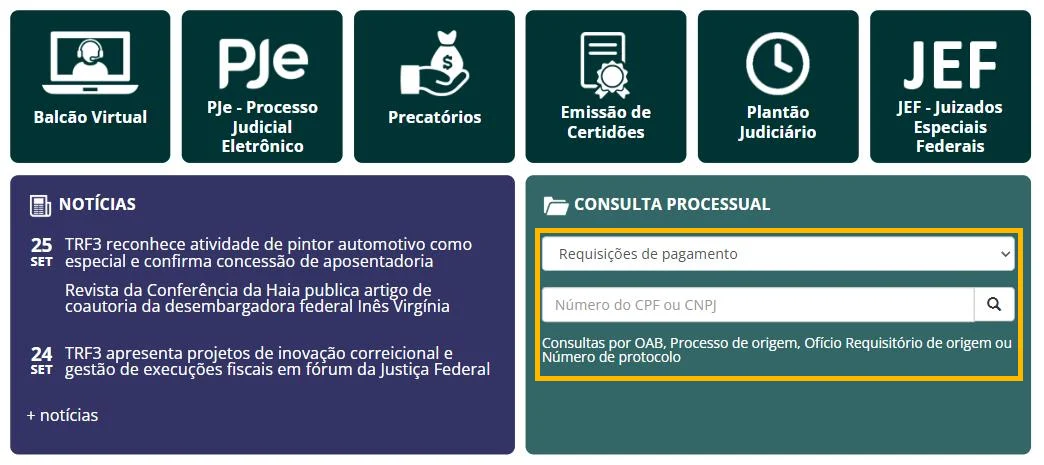 Bloco Consulta Processual do TRF3 com Requisições de pagamento