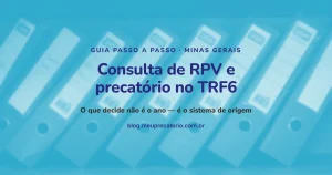 Prateleira de pastas de arquivo em tom azul, com o título centralizado sobre consulta de RPV e precatório no TRF6
