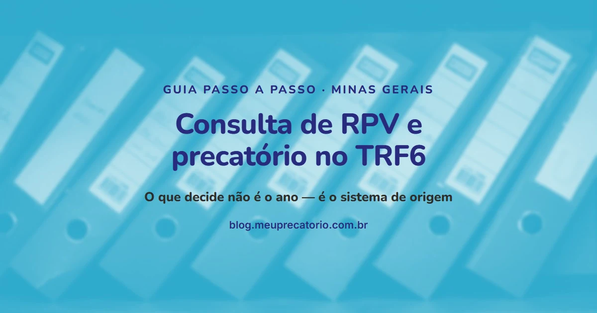 Prateleira de pastas de arquivo em tom azul, com o título centralizado sobre consulta de RPV e precatório no TRF6