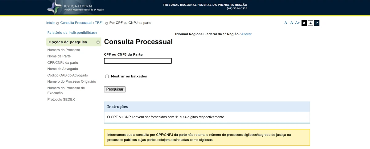 Tela de consulta processual do TRF1 com busca por CPF