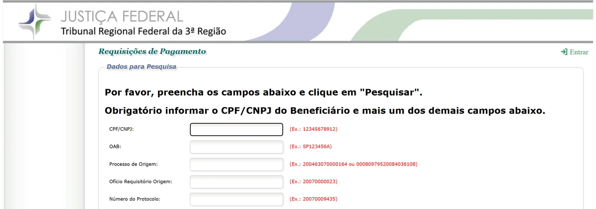 Tela de Requisições de Pagamento do TRF3, com os campos de pesquisa