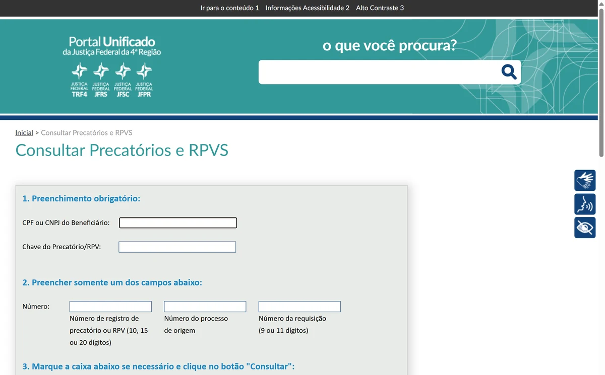 Tela do TRF4 exigindo CPF e chave do precatório ou RPV