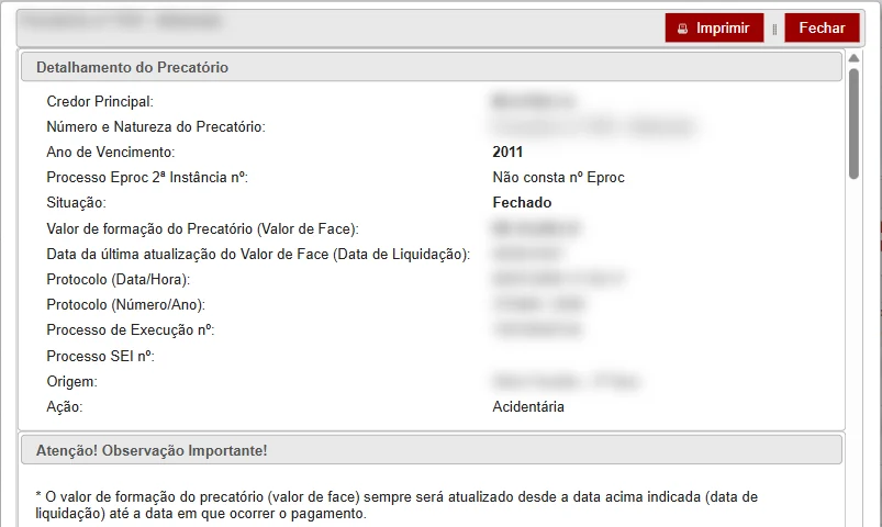 Detalhe de um precatório no TJMG