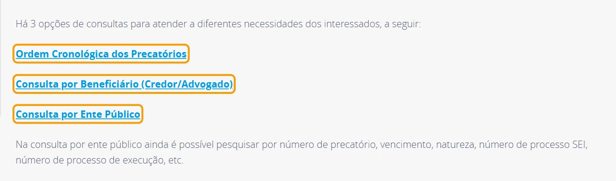 Página do TJMG com as três consultas