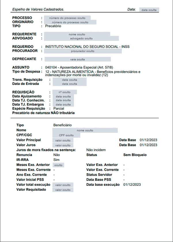 Ofício requisitório do TRF2 com dados ocultos