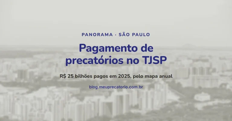 Vista ampla de uma cidade com prédios até o horizonte, em tons de cinza, sob o título Pagamento de precatórios no TJSP