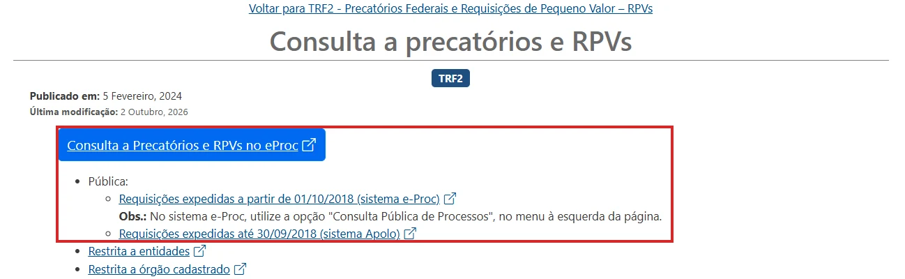 Página de consulta do TRF2: eproc e Apolo