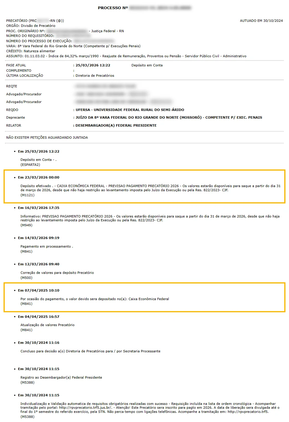 Ficha de precatório pago no TRF5
