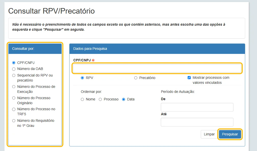 Tela de consulta de RPV do TRF5