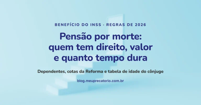 Pensão por morte: quem tem direito, valor e quanto tempo dura. Capa com escada clara até uma porta, em azul