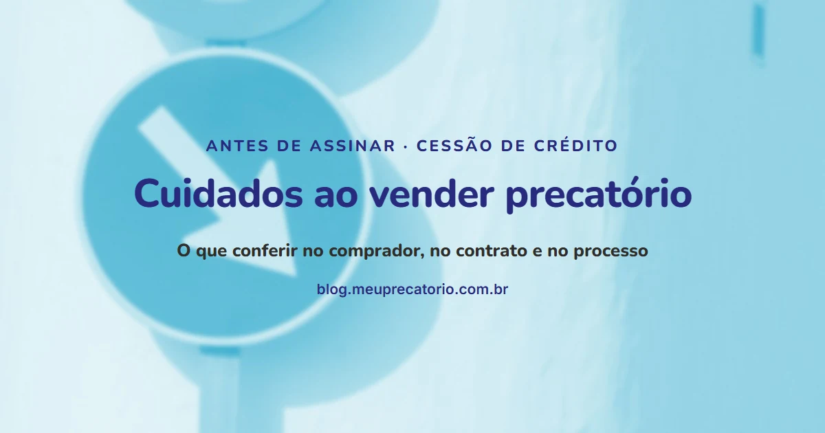 Cuidados ao vender precatório: capa com placa de seta azul